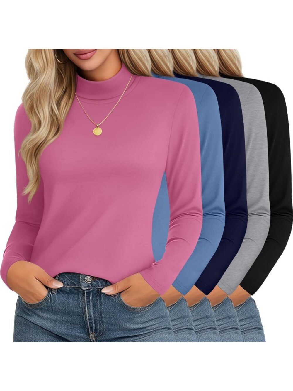 5 Pack Women's Cotton Turtleneck Thermal Long Sleeve Shirts - Cozy & Versatile